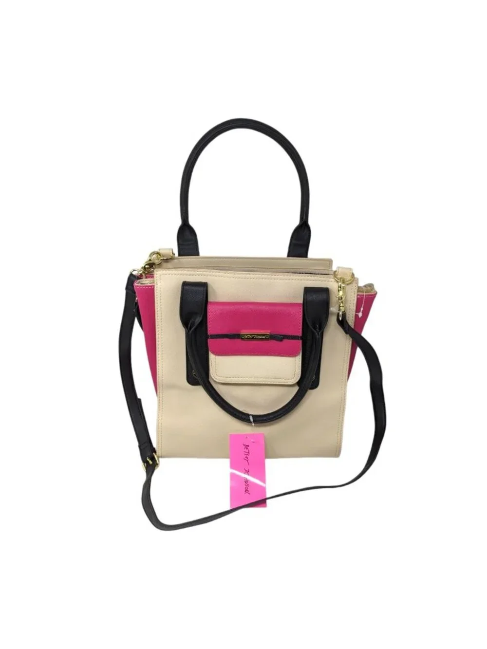 Betsey Johnson Beige Cream Pink Black Gold Handbag Satchel Crossbody Bag